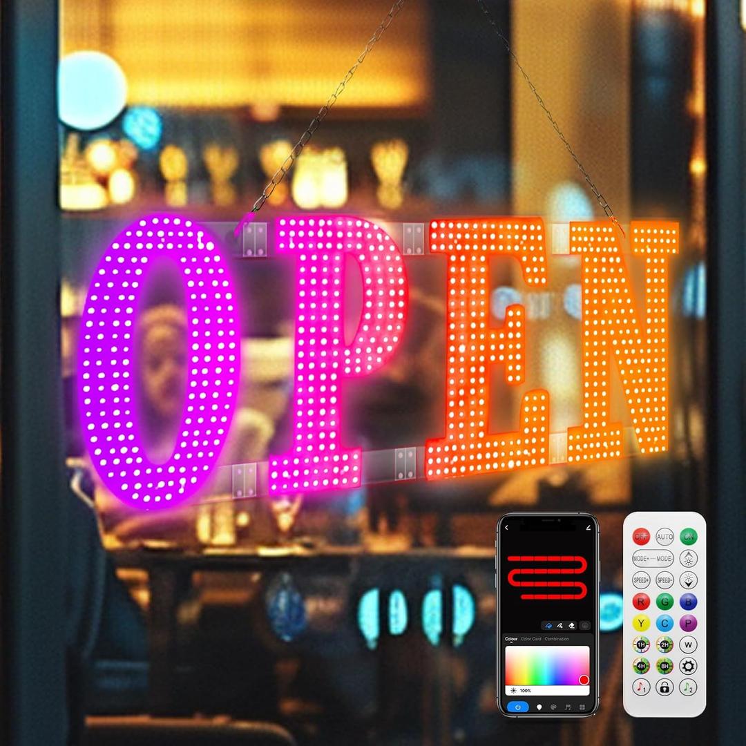 48" x 16" Large LED Open Sign for Business Smart App & Remote Control, Timer, Custom Colors & Brightness High Visibility for Storefronts, Restaurants, Bars, Salons, Cafes, Retail Shops