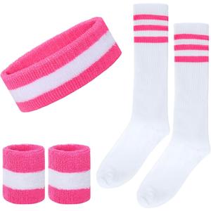 5 Pieces Striped Sweatbands Sock Set Sports Headband High Tube Socks and Wristbands for Women Men Sports 80s Party 80s Accessories Costumes (Pink/White)