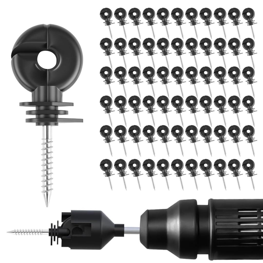 60PCS Electric Fence Insulator Screw,Insulator Fence Ring Post Wood Post Insulator and 1 Pc Insulator Socket Tool(Black)