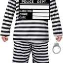 Kavoc 5 Pcs Jail Prisoner Costume Set Black White Striped Criminal Jumpsuit with Inmate Handcuff and Convict Nameplate for Adult Women Halloween Jailbird Cosplay