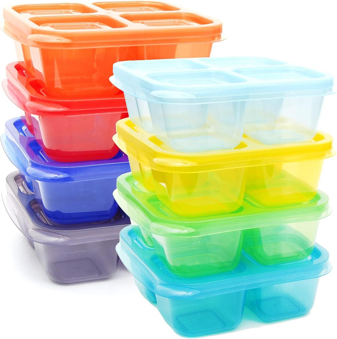 Youngever 8 Pack 4-Compartment Reusable Snack Box Food Containers, Bento Lunch Box, Meal Prep Containers, Divided Food Storage Containers (Rainbow Color Container)