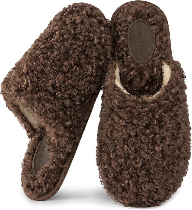 Snug Leaves Women's Scuff Slippers Furry Cute Curly Faux Wool Slip-on Indoor Memory Foam House Shoes, Size 11-12