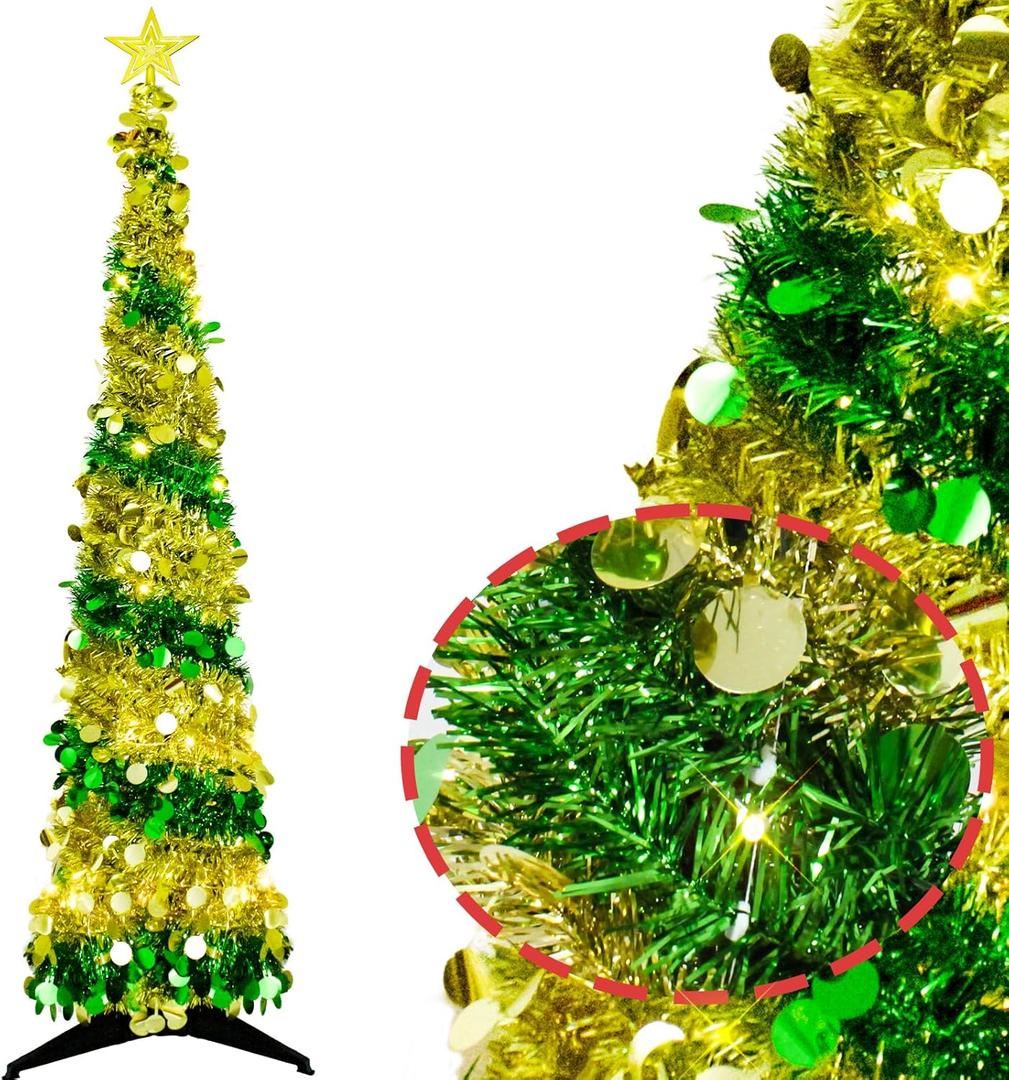 5FT Pop up Christmas Tree Decoration for Indoor, Gold Green Tinsel Pencil Tree with Lights, Mini Sparkling Sequins Pre-lit Christmas Tree Small Artificial Pencil Tree Lighted up Decoration