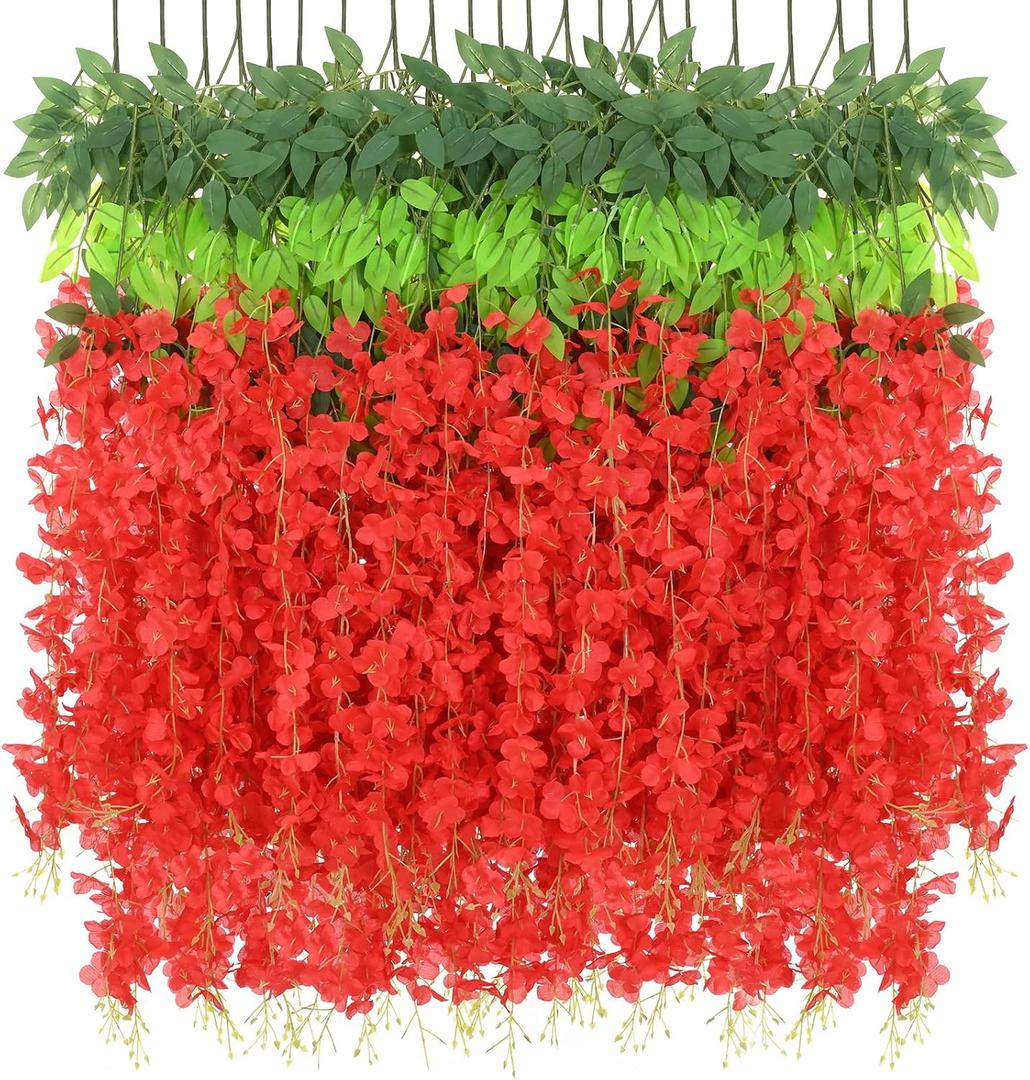 BLEUM CADE 36Pcs Red Fake Wisteria Hanging Flowers, 3.6Ft/Pcs Artificial Wisteria Garland, Hanging Flowers for Wedding Party Home Backdrop Wall Decoration