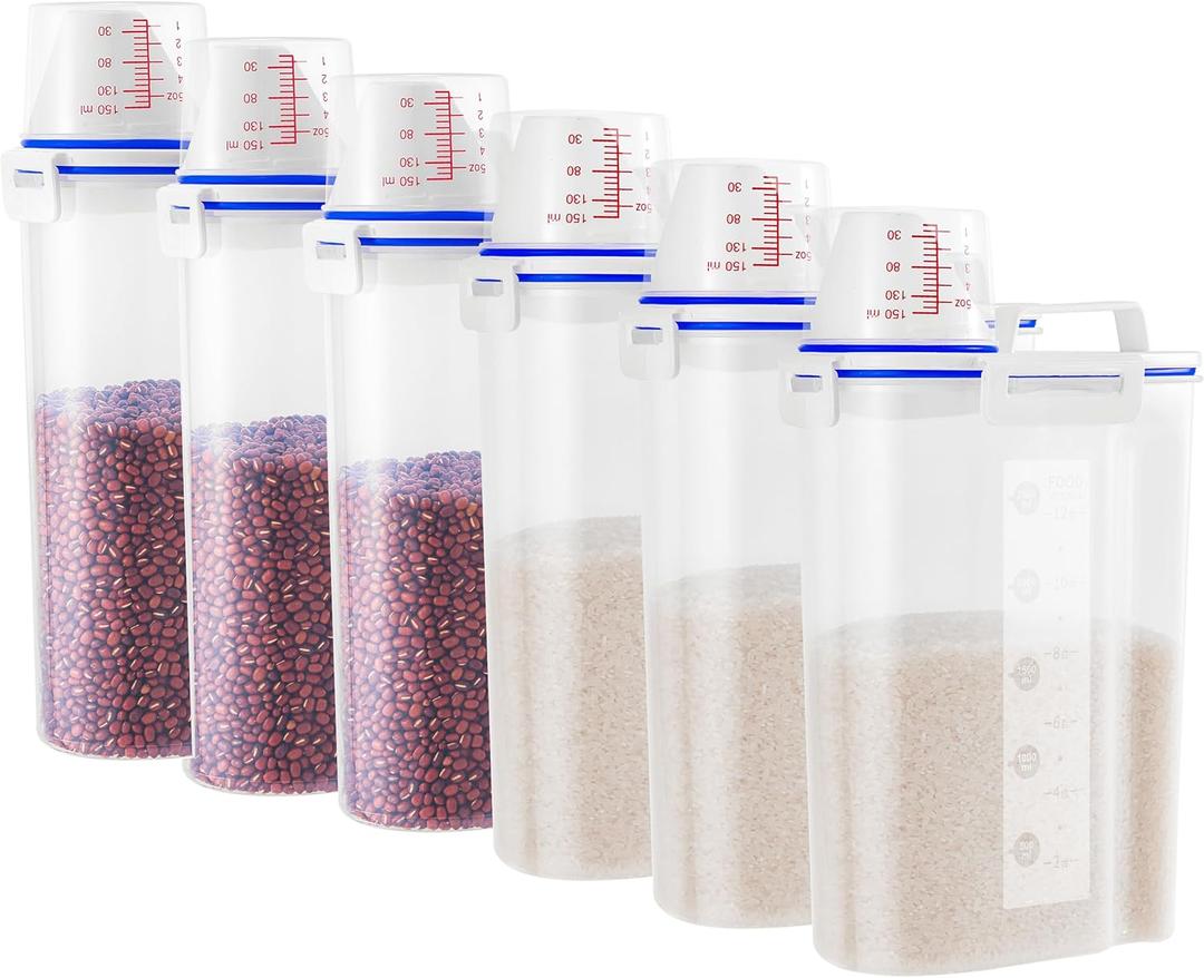 6 Pcs Set Rice Storage Container, Flour Dispenser with Pouring Spout & Measuring Cup, Kitchen Plastic Dry Food Storage Bin for Grain Oatmeal Snacks Pet Dog Food