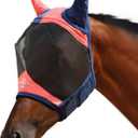 Harrison Howard Pro Luminous Horse Fly Mask Large Eye Space Half Face with Ears UV Protection for Horse Coral Orange/Navy L