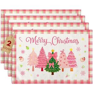 Miss Adola Christmas Placemats Set of 4 - Christmas Theme Placemats Double-Layered 12x18 Inches Decorative Washable Dinner Table Mats for Dinning Durable Xmas Themed Table Mats, Pink Plaid