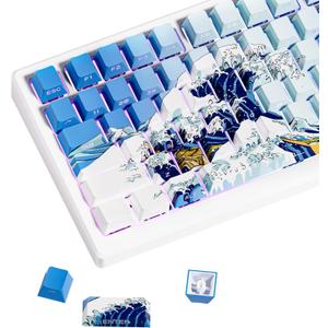 XVX Shine Through Keycaps, Side Print PBT Keycaps 75 Percent Dye Sub, 131 Keys Cherry Profile Custom Keycaps 60 Percent, Wave of Kanagawa Double Shot Keyboard Key caps for Mechanical Keyboards (Blue Kanagawa Theme)