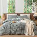 MooMee Gingham Duvet Cover Set 100% Washed Cotton Linen Like Textured Breathable Durable Soft Comfy Modern Checkered Design (Mini Gingham Forest Green, Full 80"x90")