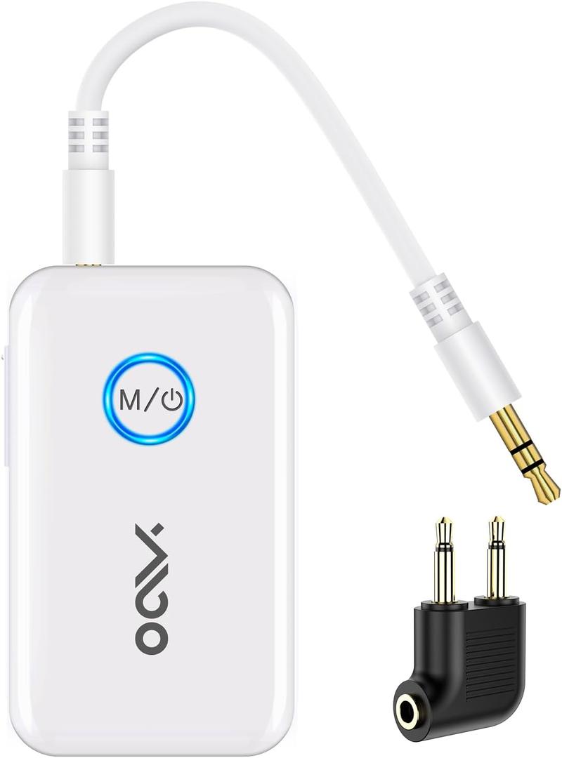 YMOO Bluetooth 5.3 Transmitter Receiver for 2 Wireless Headphones/Speaker/Airplane, 3.5mm Jack AUX Bluetooth Audio Adapter, 22h Long Range AptX Low Latency for Smarphone/Tablet/PC/TV/Home Stereo (White)