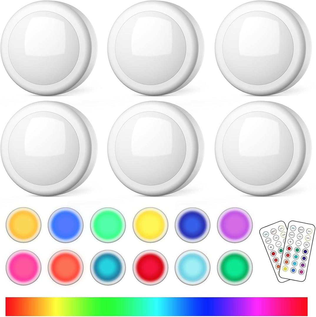 Puck Lights with Remote Control, Battery Operated LED Push Light Wireless, 13 Color RGB - for Closet, Bedroom Wall, Under Cabinet, Battery Powered Puck Lights. Convenient 3M Stick On, 6 Pack (White)