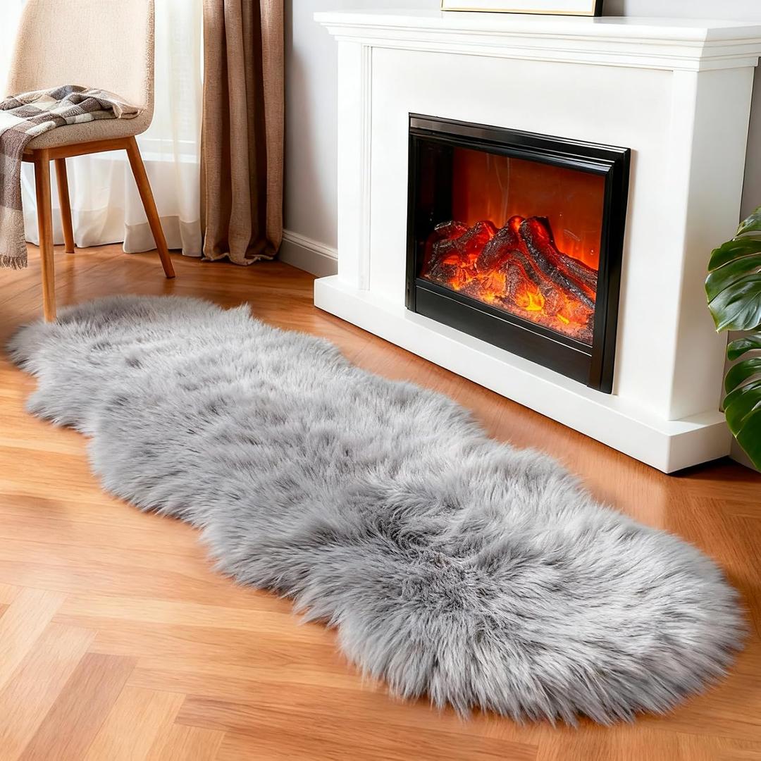 Linmopm Faux Fur Rug Sheepskin Shag Fluffy Fuzzy Grey 2x6 ft Runner Rugs for Bedroom Bedside Bed Floor Living Room Plush High-Density Cushion Carpet Super Sofa Cover