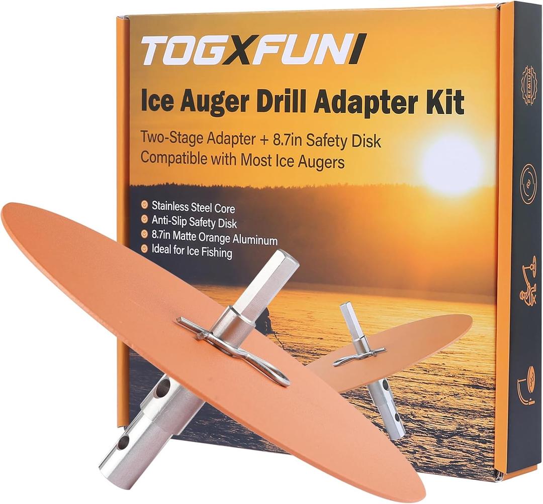 Ice Auger Drill Adapter & Attachment with 8.7" Orange Safety Disk, 2-Stage Stainless Steel Adapter for Ice Fishing Augers