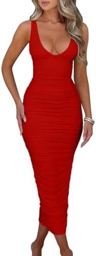 BEAGIMEG Women's Sexy Ruched Sleeveless Deep V Elegant Cocktail Evening Party Maxi Dress, XL