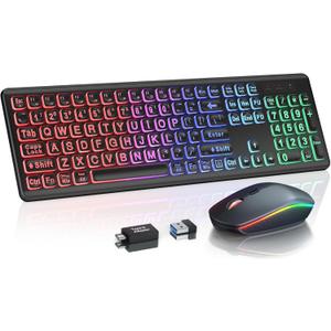Wireless Keyboard and Mouse Combo, RGB Backlit, Rechargeable & Light Up Letters, Full-Size, Soft Typing, Sleep Mode, 2.4GHz Quiet Keyboard Set for Mac, Windows, Laptop, PC, Trueque (Matte Black)