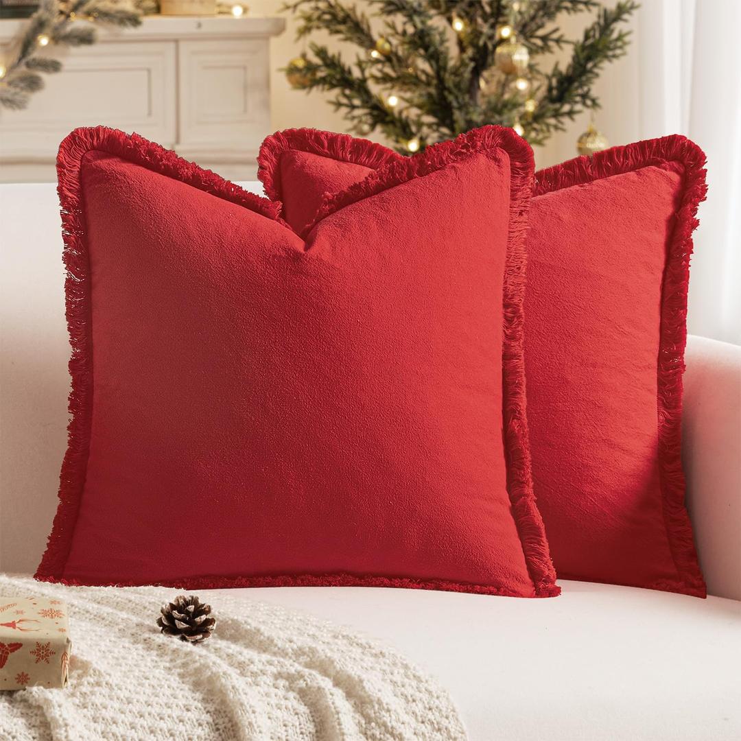 MIULEE Throw Pillow Covers Boho Farmhouse 20x20 Christmas Set of 2 Decorative Christmas Red Couch with Fringe Chic Cotton Pillowcases Home Decor Accents for Cushion Soft Bed Living Room
