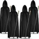 Velmitten 4 Pcs Halloween Wizard Costume Set Long Hooded Black Cloak Adult with Gold Costume Walking Cane for Hooded Cape Masquerade Cosplay Party