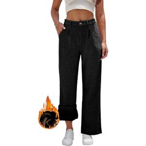 heipeiwa Women's Fleece Lined Winter Thermal Flannel Knit Wide Leg Pants Trouser Casual Dressy Outfit (Black, XL)