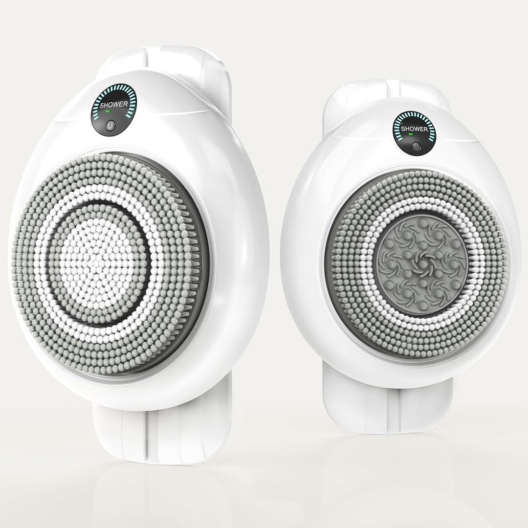 Electric Back Scrubber for Shower Wall Mounted Exfoliating Brush, HandsFree Automatic Body Scrubber, IPX7 Waterproof, 3Speed Adjustment, 3 Replaceable Heads with 50pcs Disposable Shower Caps, White