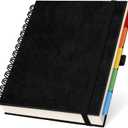 Hardcover Leather Lined Spiral Notebook 8x10" with Removable Dividers - Black - 300 Pages 5 Subject College Ruled Notebook for Work with Tabs, Pockets, and Pen Loop for Note Taking, Large Journal
