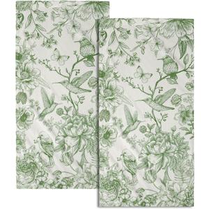 Chinoiserie Green Flowers Hand Towels Set of 4, Absorbent Spring Vintage Floral Birds Decorative Dish Towel Tea Towels for Farmhouse Bathroom Kitchen Cleaning and Decor 