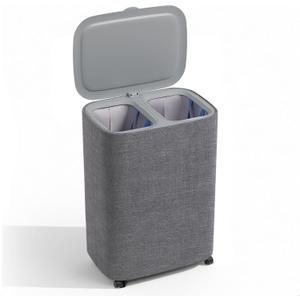 XABITAT Dual Section 90L Laundry Basket with Wheels and Lid Tall divided Double Laundry Hamper with 2 Removable Washable Bags, Large Laundry Sorter for Easy Clothes Separation