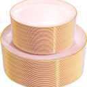 PULOTE 100PCS Pink Plastic Plates - Heavy Duty Pink and Gold Disposable for Party, Wedding, Valentines & Galentines Day, Include 50 Each (Dinner & Dessert) Plates