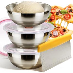 Pizza Dough Proofing Container Set of 3, 1300ML Stainless Steel Proofing Box with Clear Airtight Lid, Stackable Fermentation Storage for Dough Balls & Bread, Includes Cutter