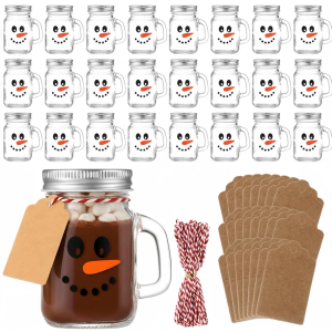 Mimorou 24 Pack 4oz Christmas Mini Mason Jars Snowman Mini Mason Jar Mugs with Handle Drinking Glasses Cups with Lids Wooden Spoons, Kraft Tags for Christmas Party Favors, Gifts, DIY Treats