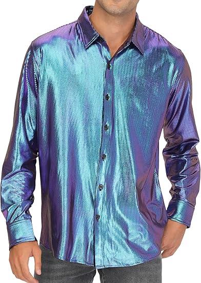 LecGee Mens 70s Style Disco Dance Shirt Metallic Sequins Long Sleeve Button Down Shirt Nightclub Stage Performance, 2XL