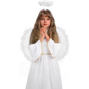 DERAYEE Angel Costume for Kids, Heavenly White Angelic Gown with Wings Headband for Girls Christmas Cosplay Party