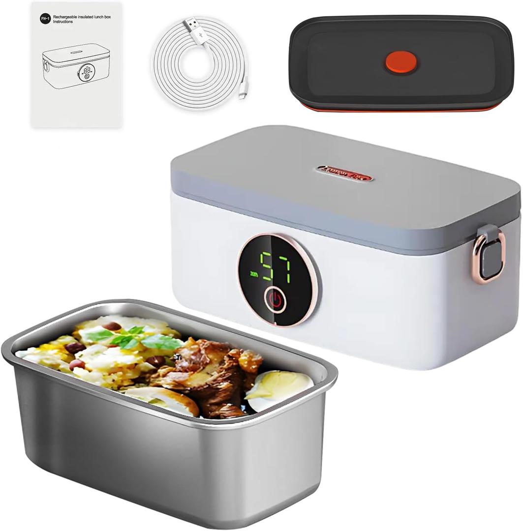 Cordless Electric Lunch Box, 1L Portable Self Heated Lunch Box, 16000mAh Battery Powered Food Warmer for Outdoor, Meal Prep, Car, Travel, Picnics and Office Use