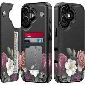 LETO for iPhone 17 Wallet Case with Card Holder - Flip Folio Leather Kickstand - Fashionable Flower Designs - Shockproof Protective Phone Cover for Women and Girls - Cute Flrals