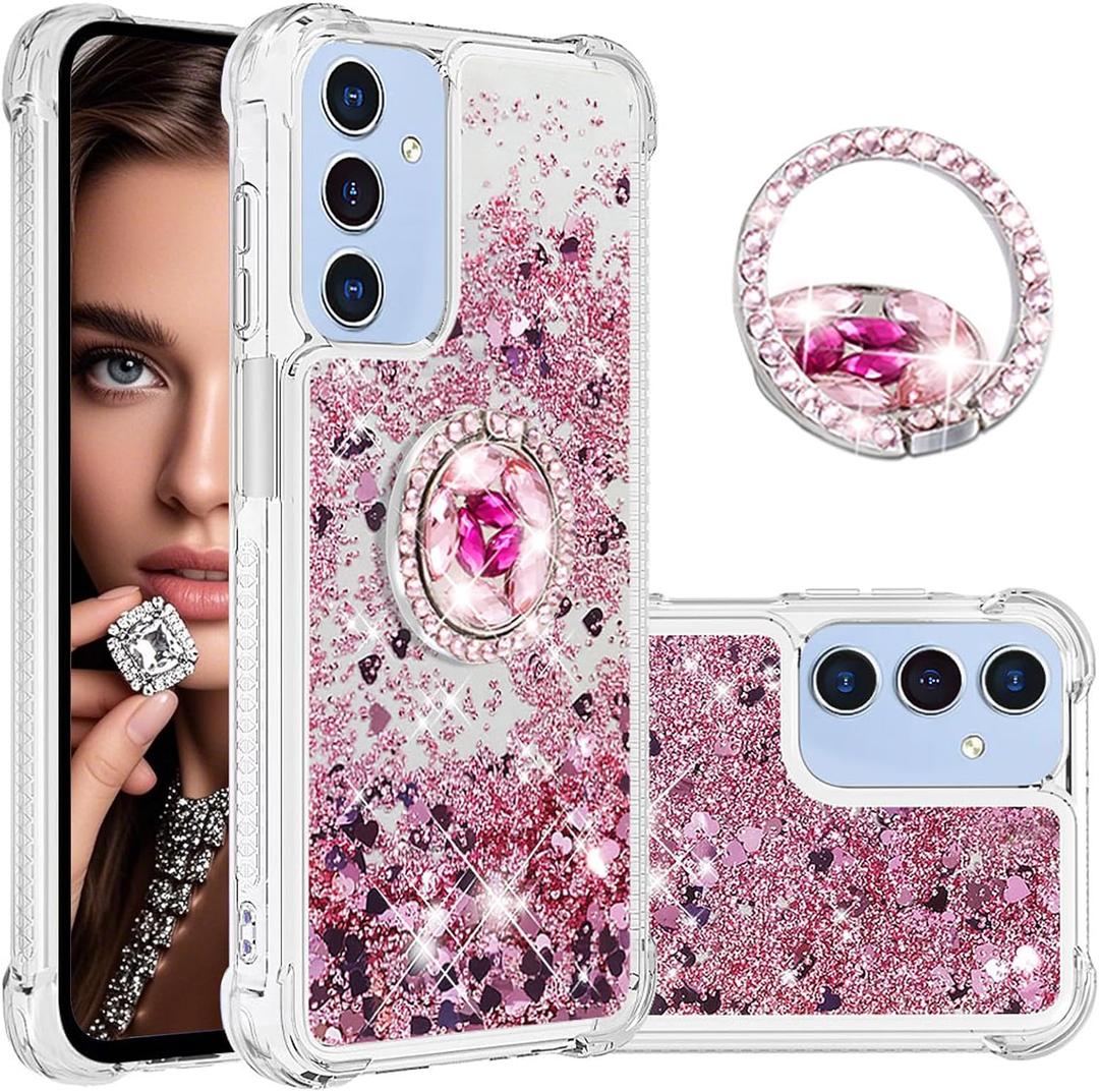 CCSmall for Samsung Galaxy A26 Case Clear Glitter Bling for Women, Flowing Liquid Quicksand Sparkly Cover with Diamond Ring Kickstand Case for Samsung A26 LSZ Rose Gold
