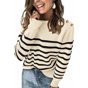 KIRUNDO Women's Striped Sweaters 2024 Fall Winter Outfits Crewneck Ribbed Knit Pullover Trendy Tops with Metal Buttons (Beige White, Medium) (M)