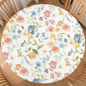 Sping Floral Round Fitted Tablecloth Best for 40"-44" Colorful Flower Table Cloth Elastic Edge Washable Farmhouse Rustic Spring Summer Table Cover for Party Picnic Indoor Decor (Blue Pink Yellow)