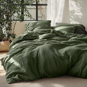 Bedsure Linen Duvet Cover Queen - Linen Cotton Blend Bedding Set, Soft & Cozy, 3 Pieces, 1 Duvet Cover 90x90 Inches and 2 Pillowcases, Olive Green Color Cooling Bedding, Comforter Sold Separately