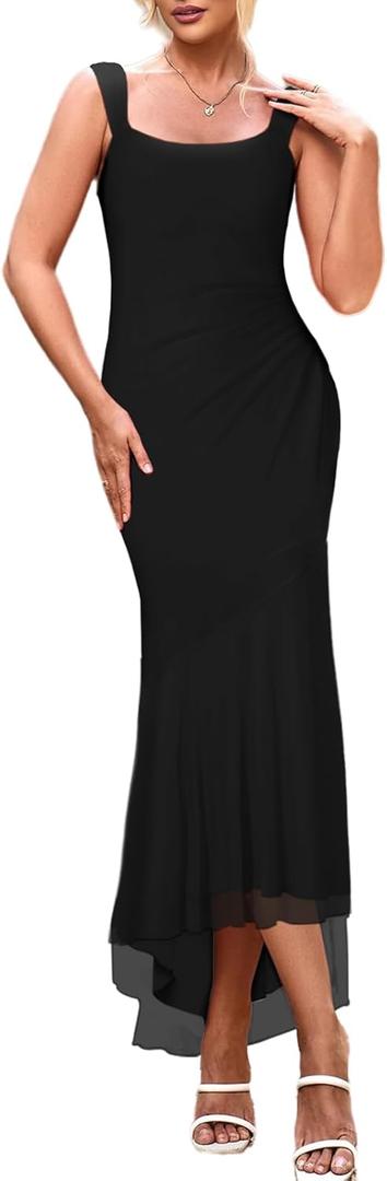 Lrady Women's Sleeveless Ruffle Cocktail Party Maxi Bodycon Vacation Dresses Long Formal Wedding Guest Dress, Small, 1# Solid Black