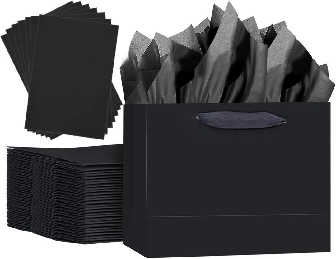 Qiqee 5PCS Black Gift Bags with Ribbon Handles 9.6"x7.9"x4.3" Medium Size Gift Bags (Tissue Paper included, Medium Wide)