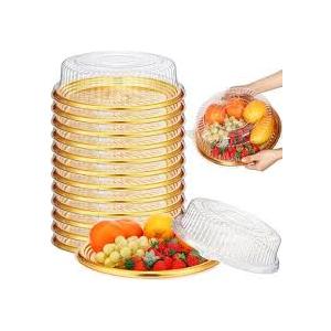 12 Pack 30.48 cm Plastic Serving Tray with Dome Lid, Stackable Plastic Round Trays Disposable Food Serving Platters for Party, Takeout Food, Picnic