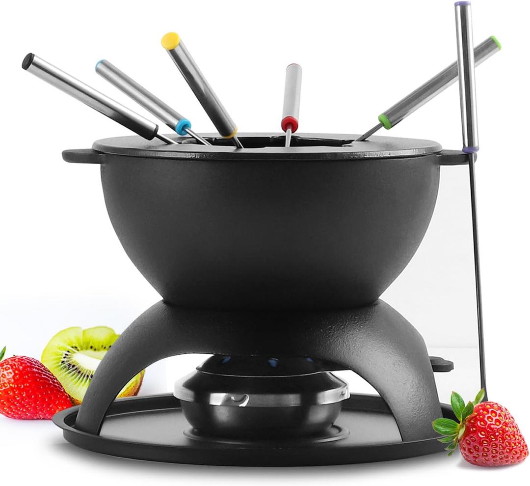 Artestia Cast Iron Fondue Pot for Chocolate, 5-Cup Cheese Fondue Pot with 6 Colored Forks for Fondue Party, 4-6 Person, Black
