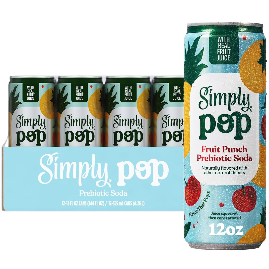 Simply POP Prebiotic Soda Fruit Punch Cans, 12 fl oz, 11 Pack (EXP 06/01/26)
