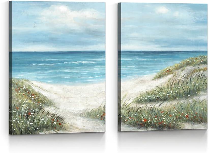 Artitude Beach Wall Art Canvas Decor: Coastal Ocean Picture Painting Modern Sea Scene Seascape Prints Set of 2 Seaside Seashore Artwork for Bathroom Bedroom Living Room Home, 24"x18" 2pcs