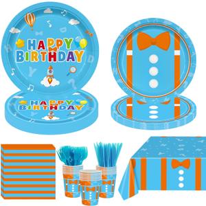 145PCS Cartoon Teacher Party Supplies English Teacher Themed Happy Birthday Party Decorations for Kids Chlid Includ Orange Blue Paper Plates Napkins Cups Tableware Set with Tablecloth Serve 24 Guests
