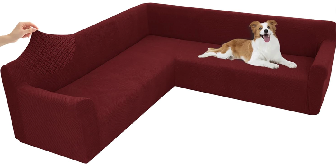 Arfntevss Stretch Sectional Couch Covers L Shaped Corner Sectional Sofa Cover Washable Jacquard Soft Fleece U Shape Sofa Slipcovers Anti Slip Furniture Protector for Dogs Pets (X-Large, Wine Red)