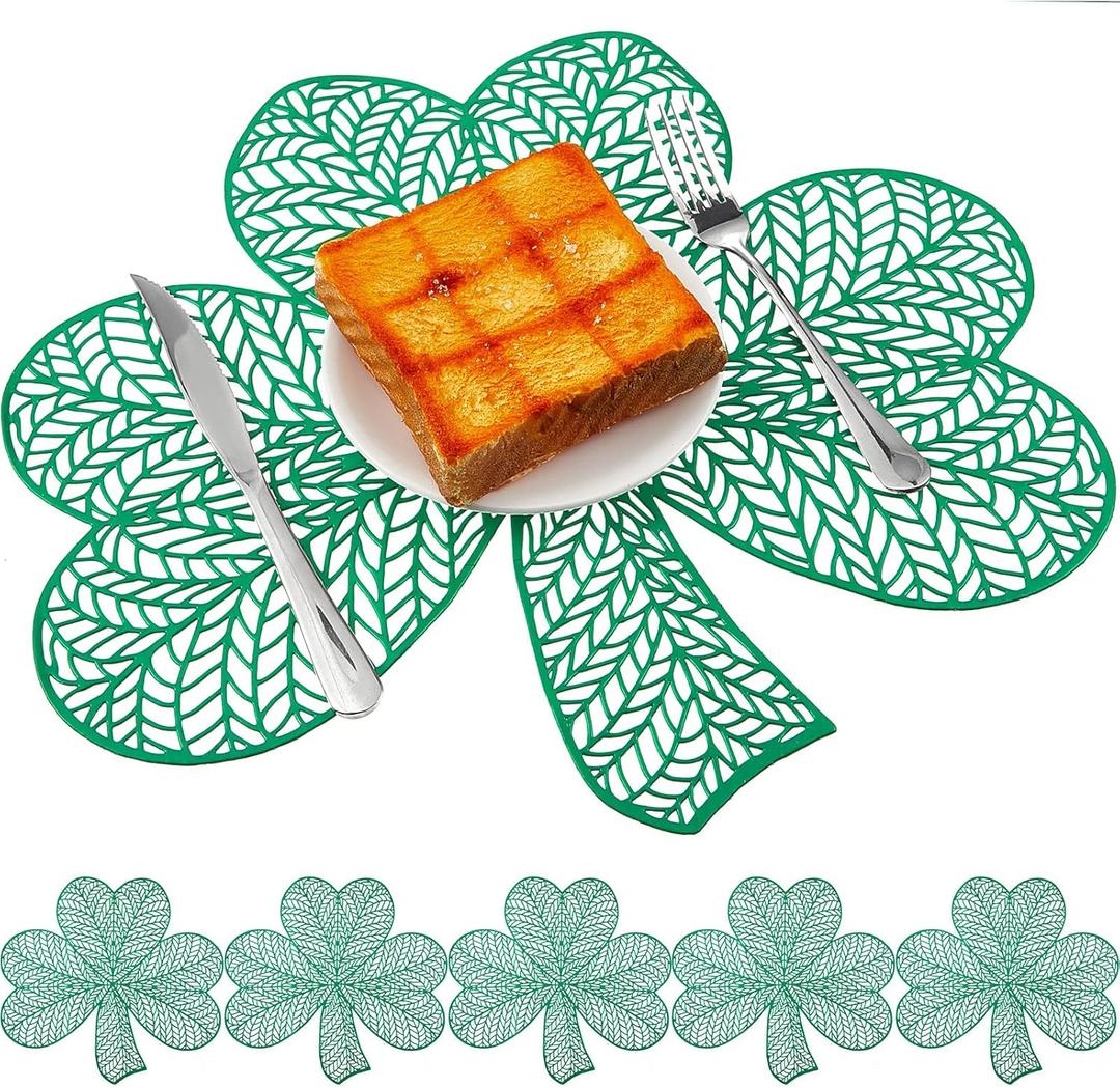 Tatuo St. Patrick's Day Shamrock Placemats Set of 6, Plastic Green Shamrock Place Mats PVC Non Slip Heat Resistant Saint Patty's Day Table Decoration for Indoor Outdoor Party, 16.5 Inch