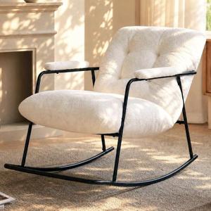 Rocking Chair Nursery, Upholstered Glider Rocker Cushions Indoor, Comfy Rocking Accent Chair with Armrests, Cozy White Boucle Rocking Armchair for Living Room Bedroom Reading Nook, Adults, Standard