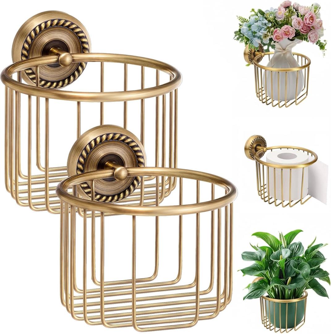 LemonRoad 2 Pack Vintage Brass Toilet Paper Holder Wall Mounted Antique Decorative Toilet Paper Holder for Plant and Candles, Victorian Bathroom Decor Accessories, for Roll with Diameter Within 5 Inch