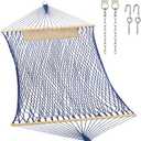 JoyView Traditional Rope Double Hammock - Hand Woven Cotton Hammock with Hardwood Spreader Bar and Pillow 450lb Capacity for Outdoor Indoor Patio Yard - Blue