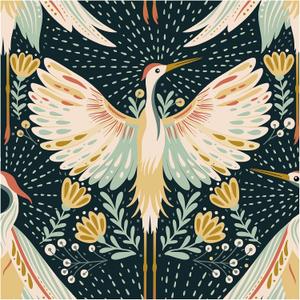 HAOKHOME Crane Wallpaper Peel and Stick Boho Floral Bird Dots Wall Paper Japanese Chinoiserie Dark Green/Beige/Yellow Accent Wall Decor 17.3in x 32.8ft